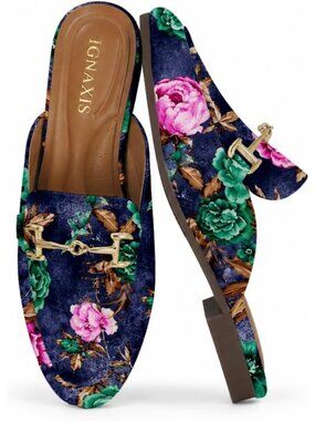 Women's Blue Floral Leather Flats Round Toe Mules Buckle Slip on Backless Loafer
